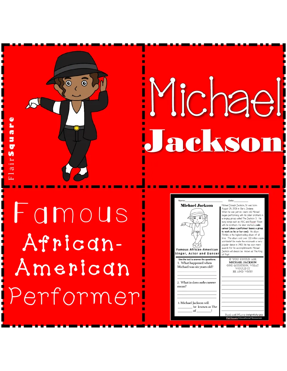 Michael Jackson cover: Famous African-American Performer title, a cartoon of him dancing and a preview of the reading page