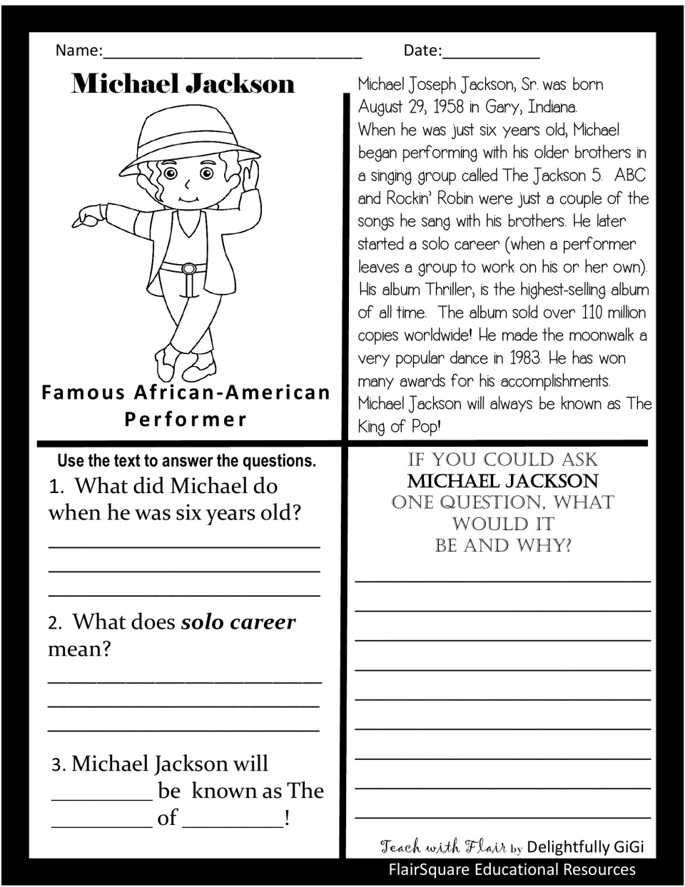 Michael Jackson biography reading: students answer three text-based questions and write one question they would ask him