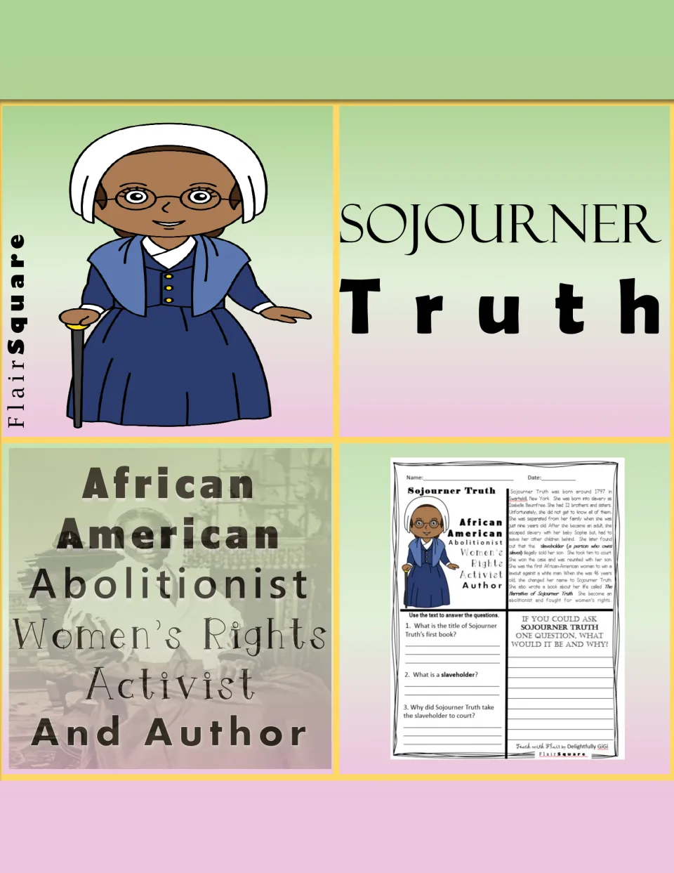 Sojourner Truth cover: cartoon portrait, abolitionist and women's rights activist labels and a worksheet preview