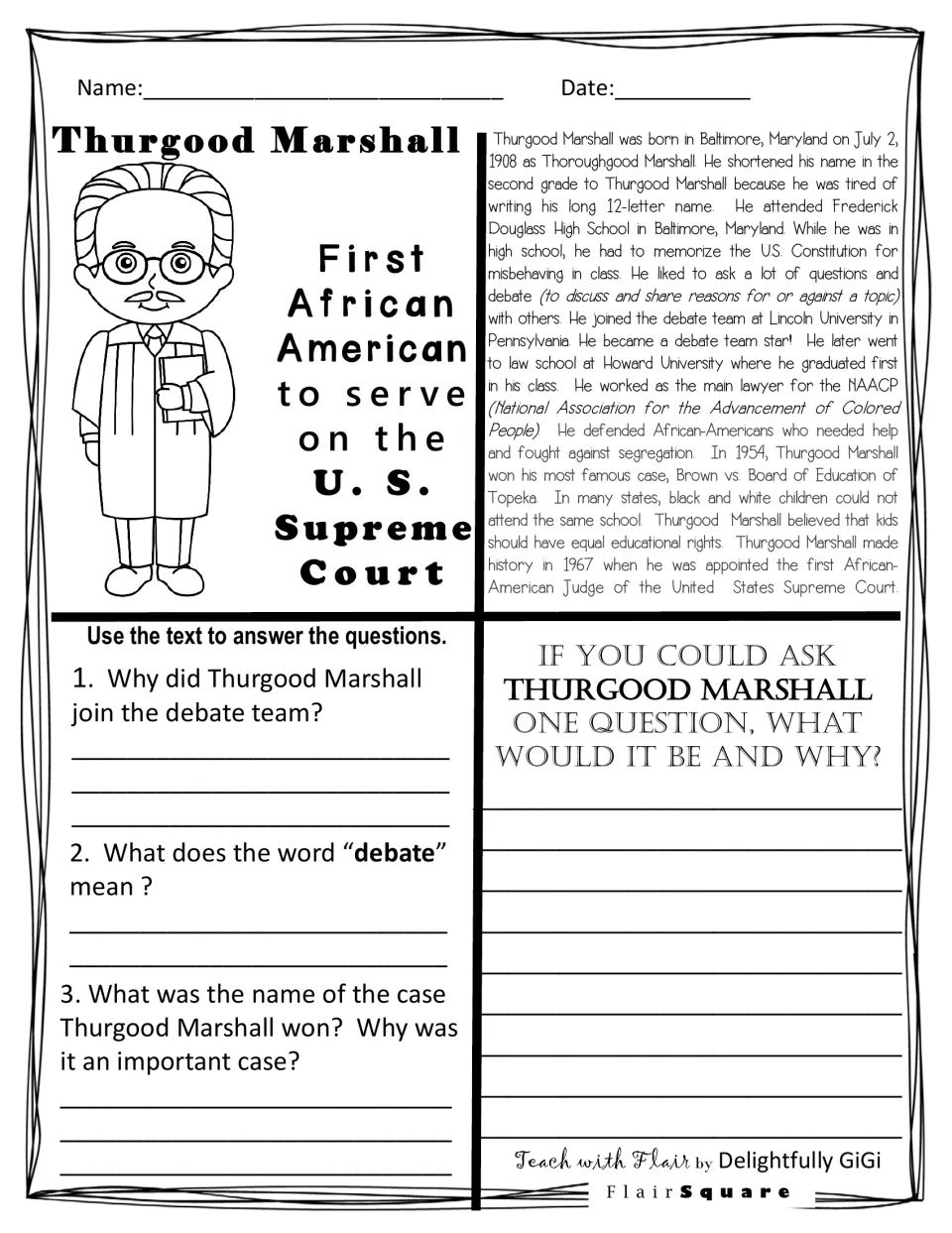 Reading worksheet on Marshall's life, with three comprehension questions and a question-writing prompt