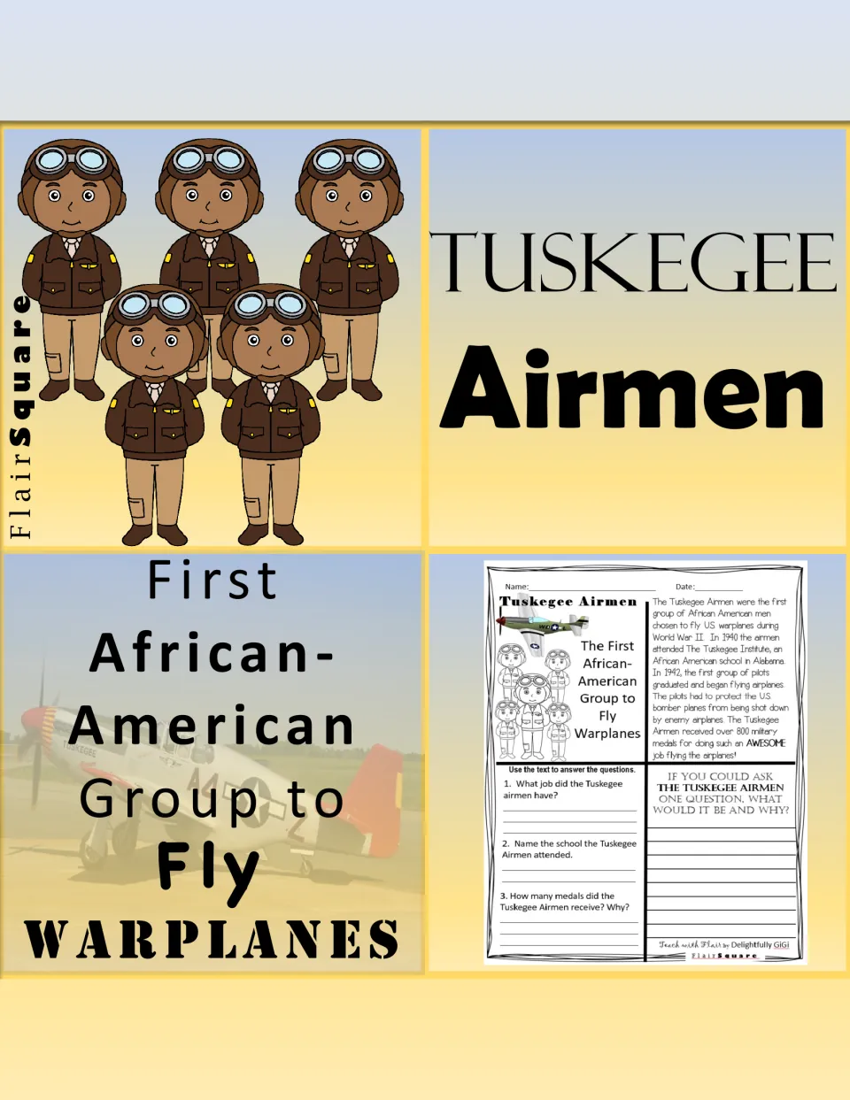 Tuskegee Airmen cover: First African-American Group to Fly Warplanes, with cartoon pilots and a worksheet preview