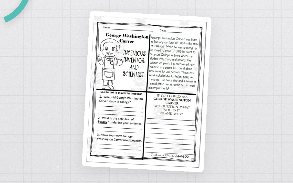 George Washington Carver reading page with portrait, passage, questions, and coloring prompt.