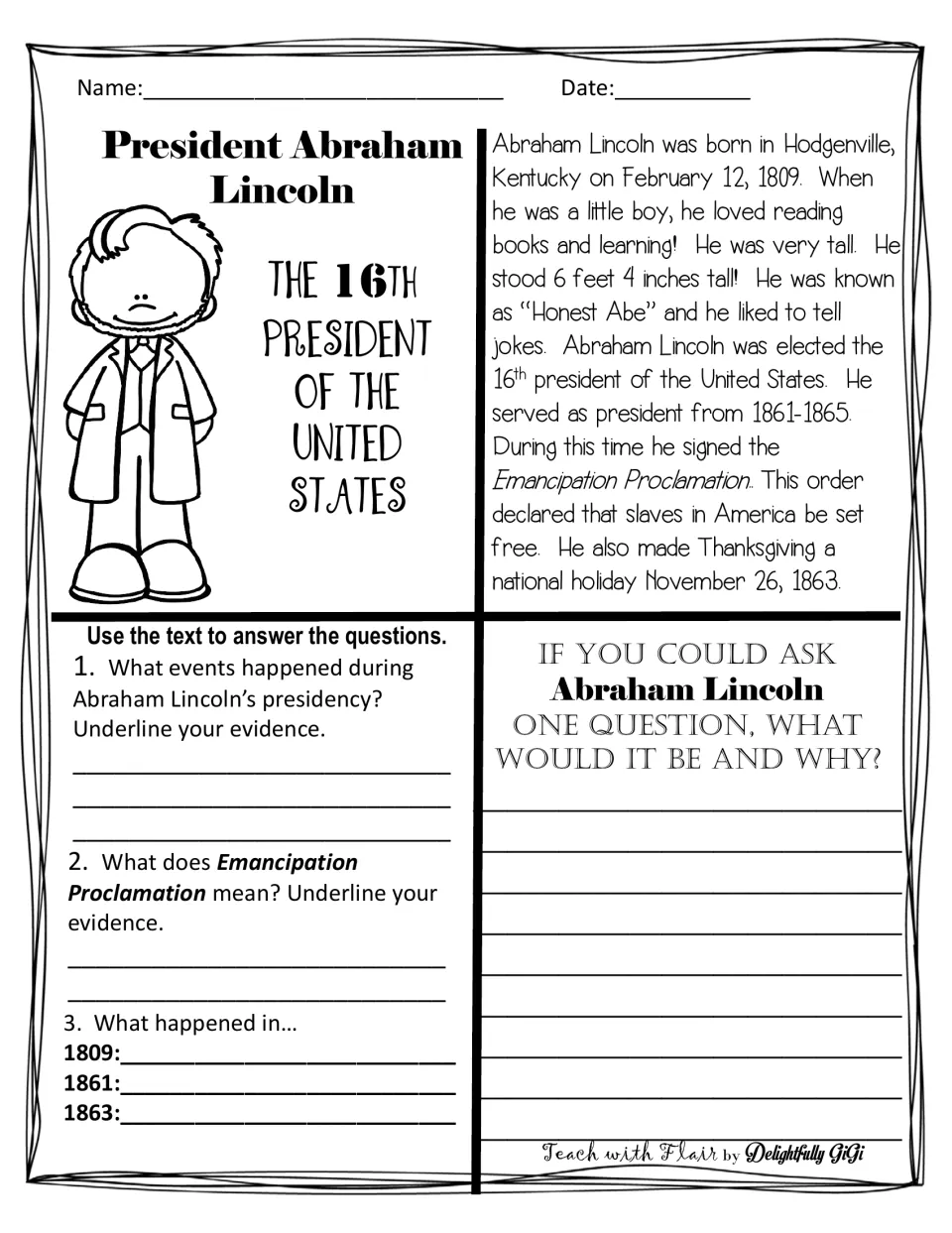 Abraham Lincoln reading worksheet: biography, three comprehension questions, and a question-writing prompt