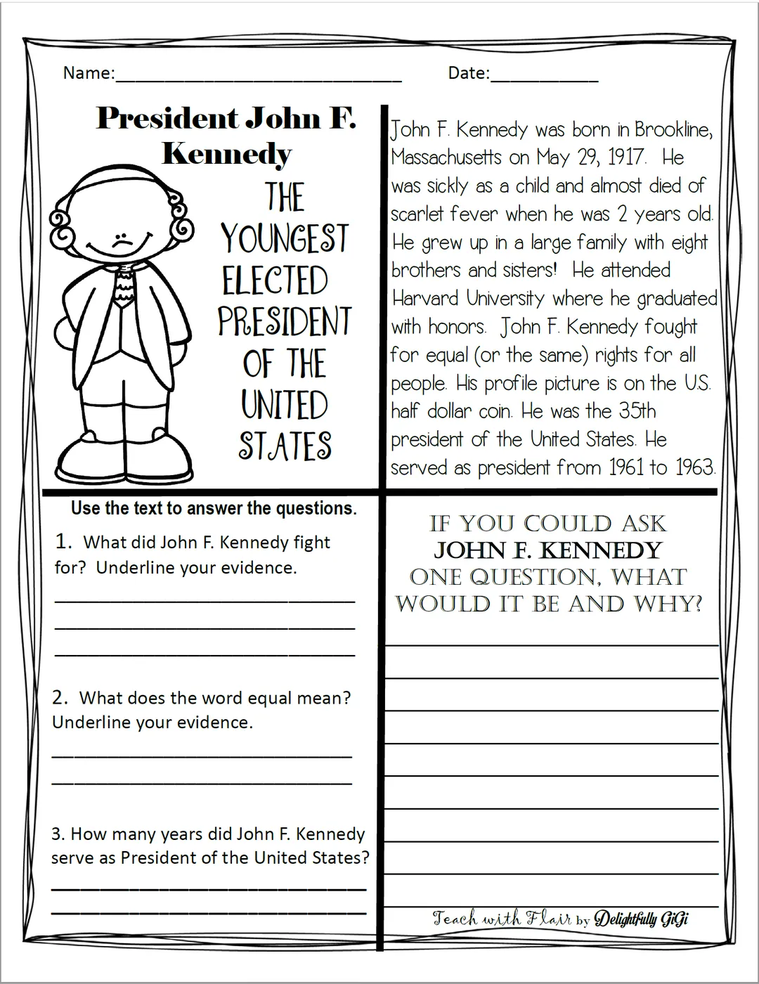 Reading Comprehension for Presidents' Day: President John F. Kennedy – cover
