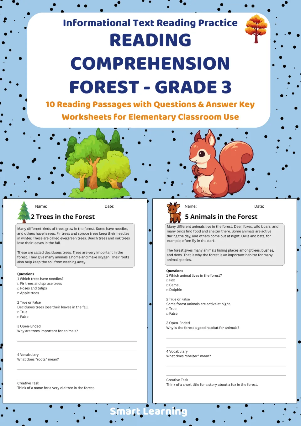 Reading Comprehension Forest - Grade 3 cover: 10 reading passages with questions and answer key, two sample pages shown