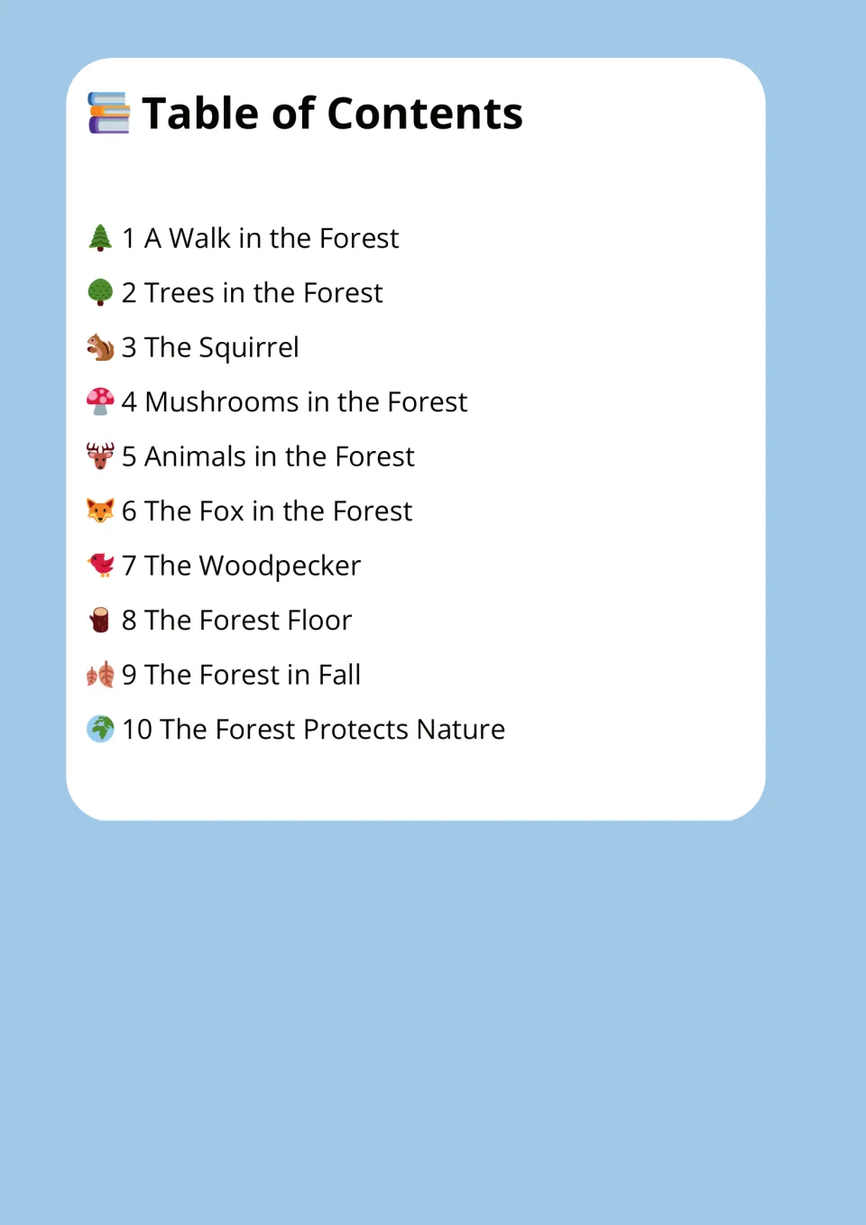 Table of contents listing 10 forest passages, from A Walk in the Forest and The Squirrel to The Forest Protects Nature