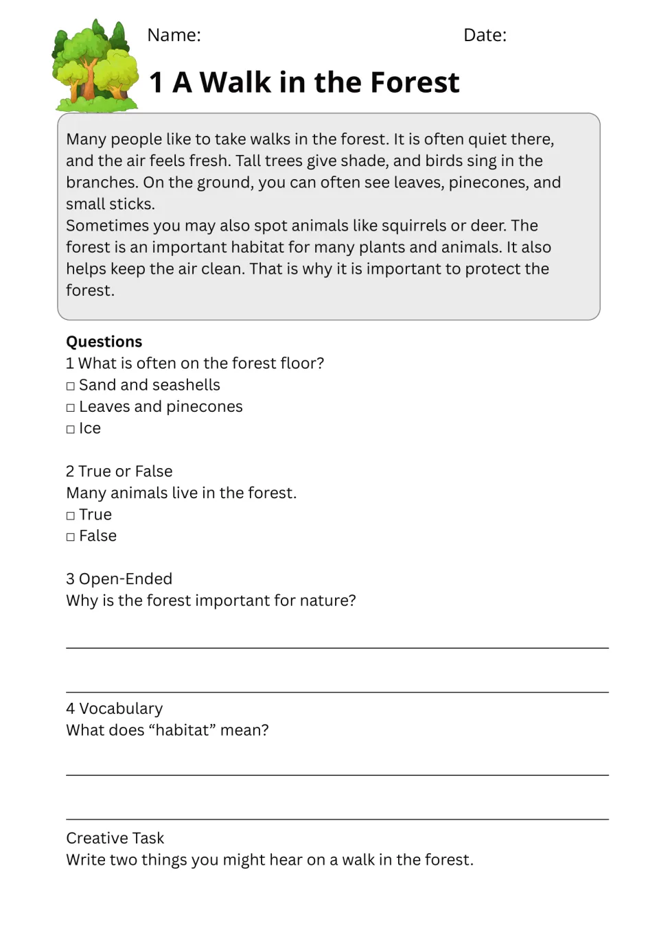 A Walk in the Forest passage: students answer multiple-choice, true/false and open questions and define the word habitat