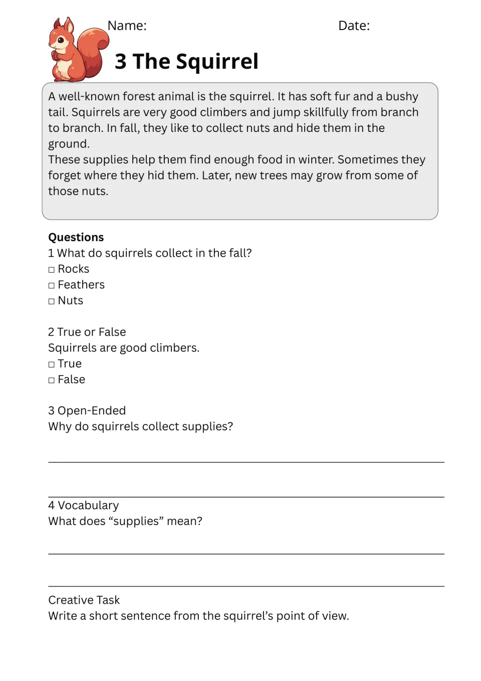 The Squirrel passage on gathering nuts for winter; students answer questions, define supplies and write as the squirrel