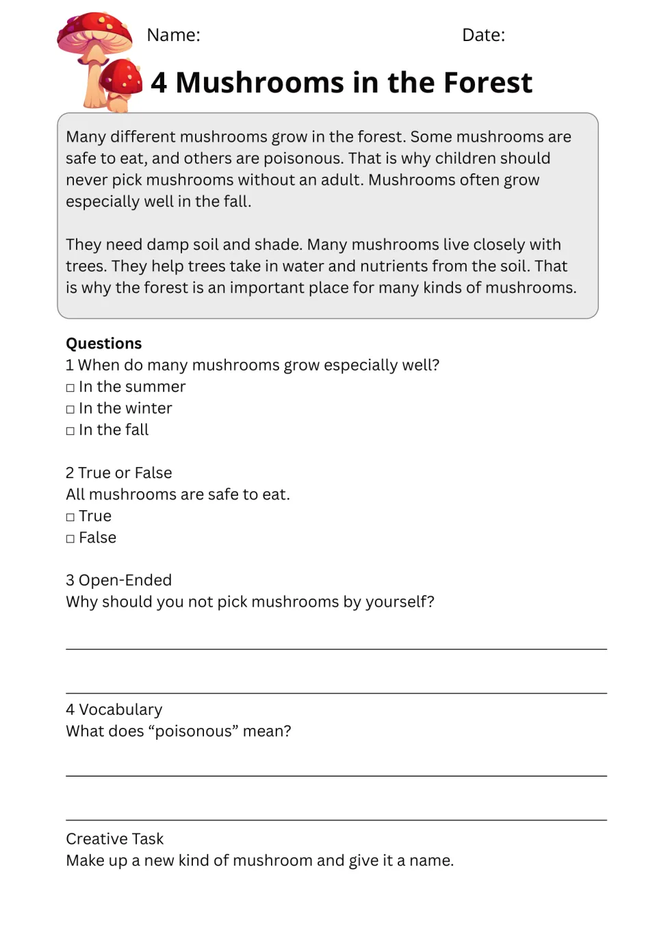 Mushrooms in the Forest: students read about safe and poisonous mushrooms, answer questions and define poisonous