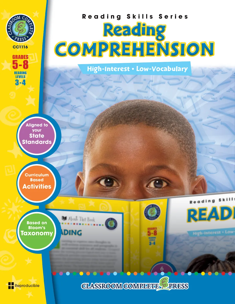 Reading Comprehension cover, Grades 5-8, reading levels 3-4: Reading Skills Series book with a boy peering over a book