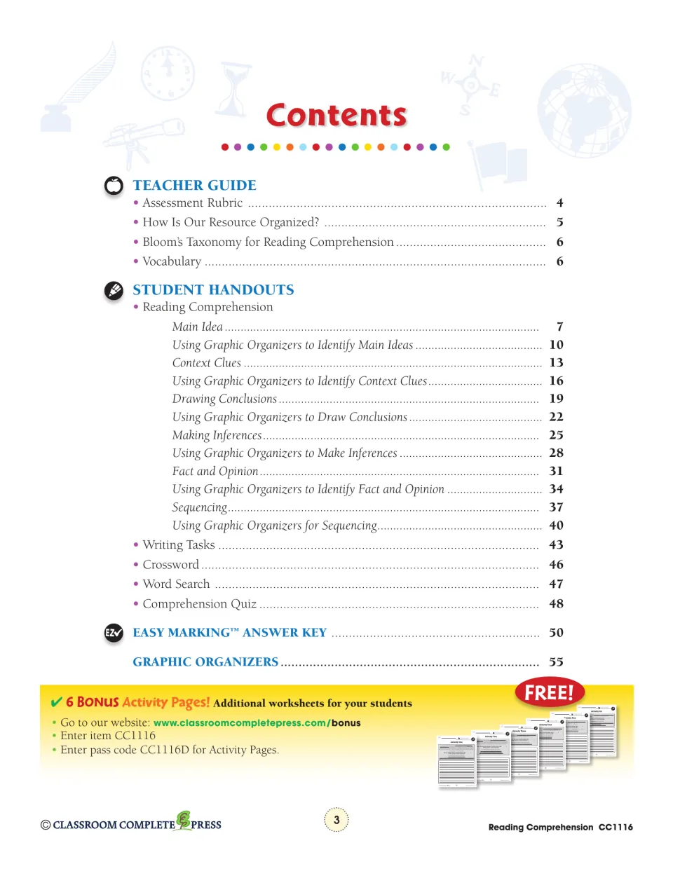 Contents listing teacher guide, skill handouts from main idea to sequencing, writing tasks, puzzles, quiz and answer key