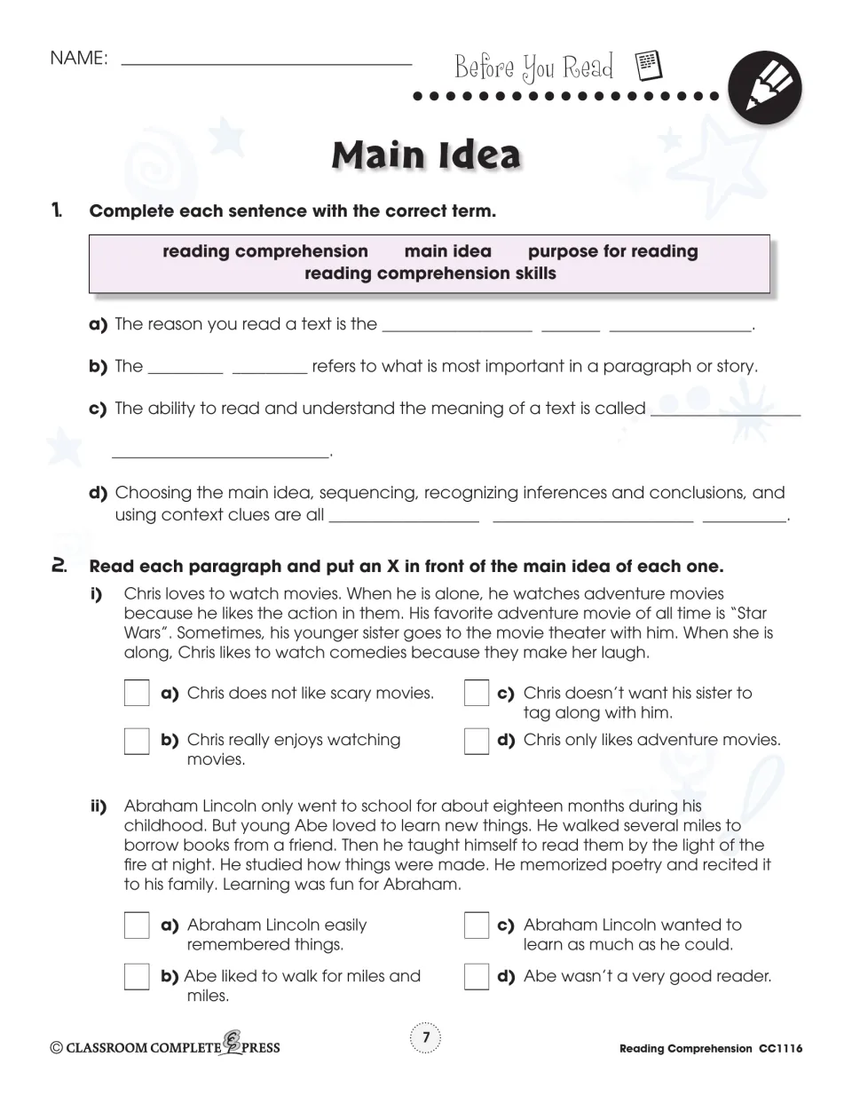 Main idea warm-up: students complete sentences with key terms, then mark the main idea of paragraphs about Chris and Lincoln