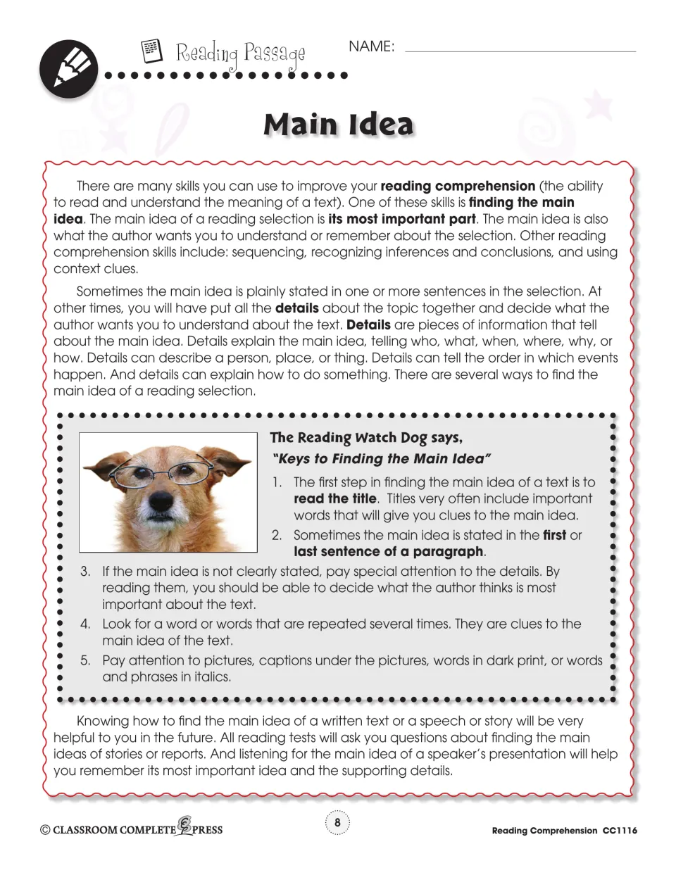 Main idea reading passage explaining how details support it, with the Reading Watch Dog's five keys for finding it