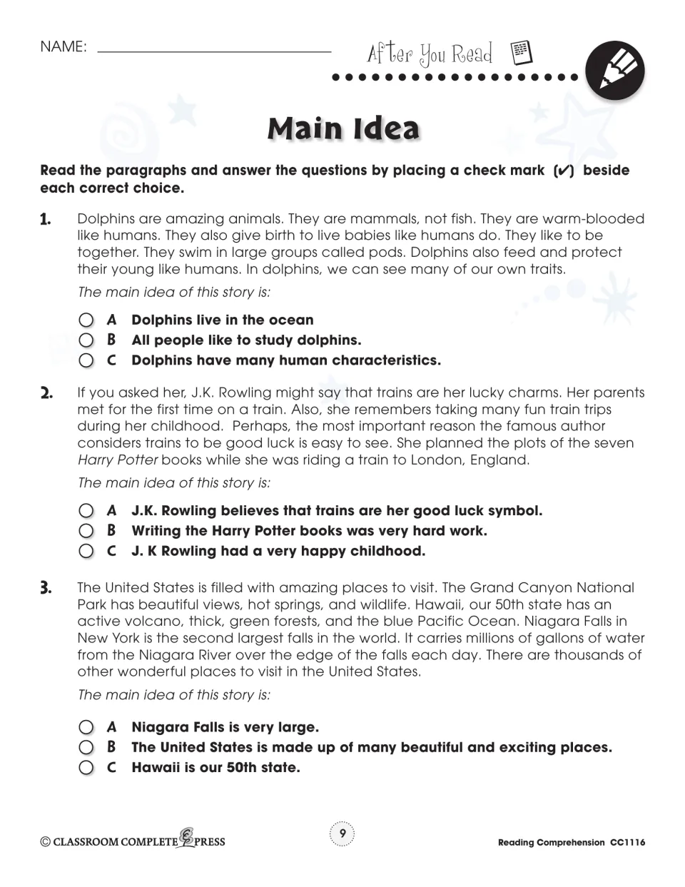 Main idea practice: students check the best main idea for paragraphs on dolphins, J.K. Rowling and U.S. places to visit