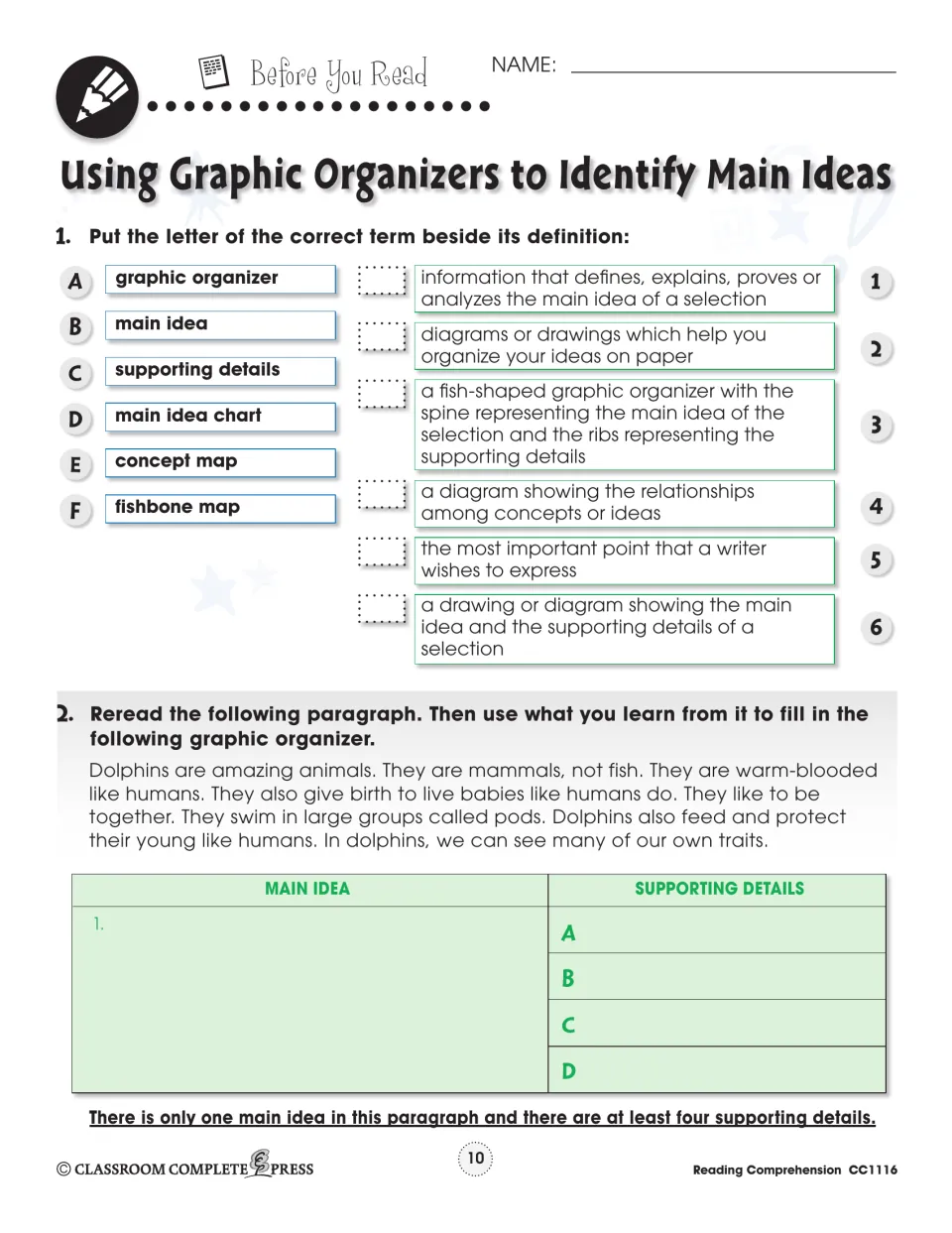 Graphic organizers for main ideas: students match terms to definitions, then chart dolphin facts as main idea and details