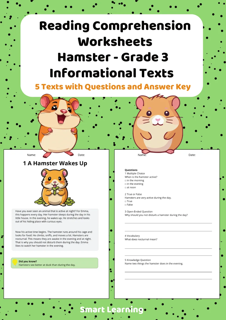 Cover of the grade 3 hamster reading packet, identifying five informational texts with questions and an answer key