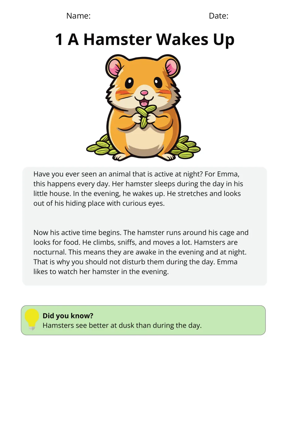 Passage 1, A Hamster Wakes Up, explains daytime sleep, evening activity, and the meaning of nocturnal