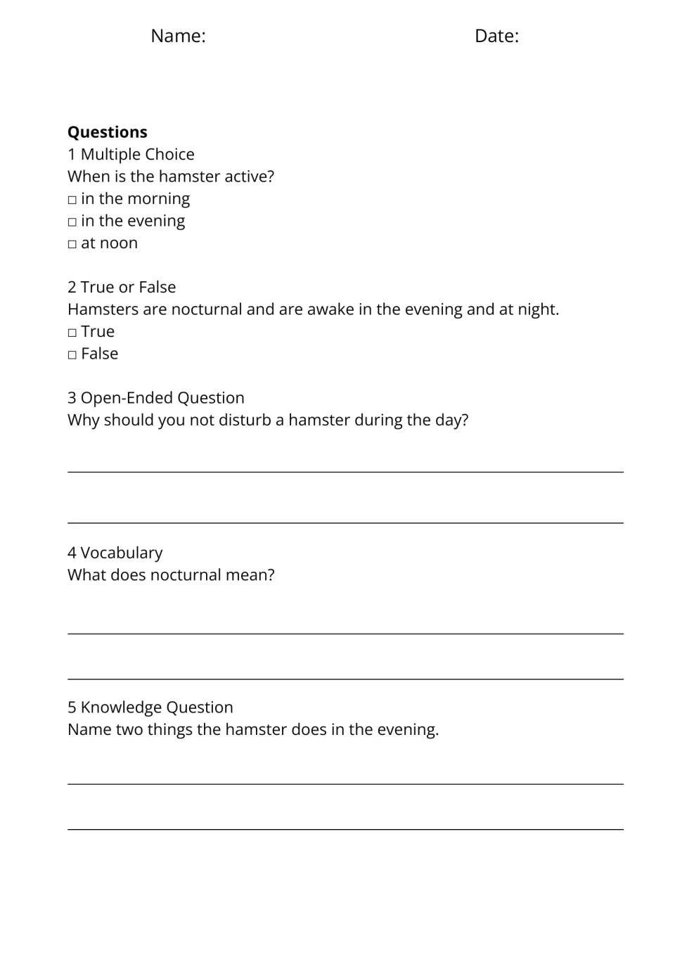 Five questions for A Hamster Wakes Up check activity times, daytime rest, and the meaning of nocturnal