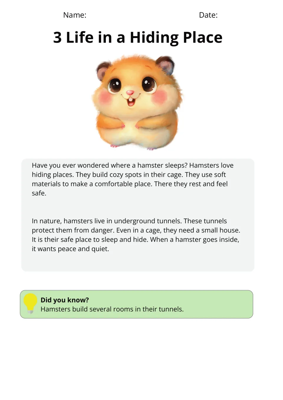 Passage 3, Life in a Hiding Place, explains hamster sleeping spots, underground tunnels, and safe shelter