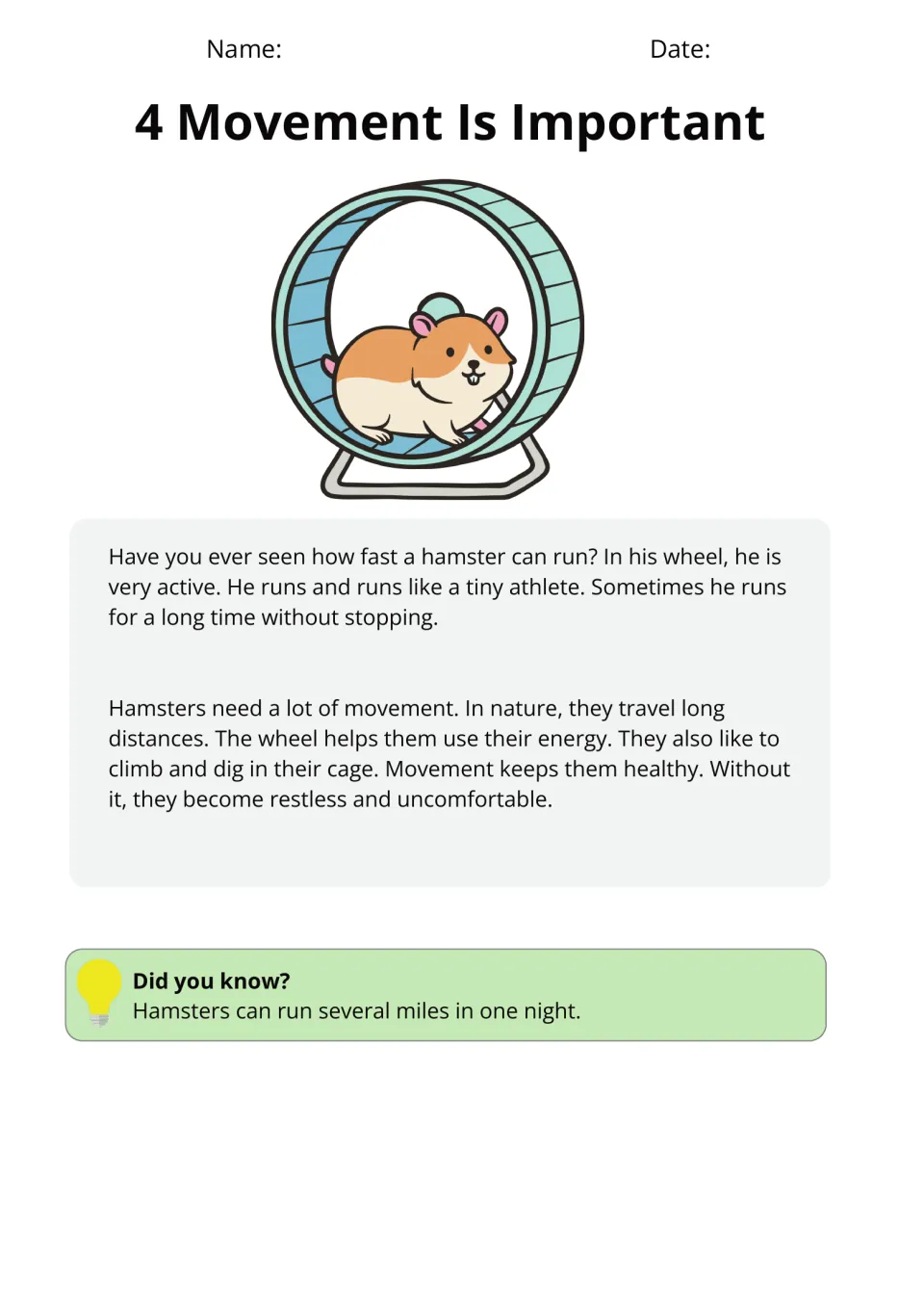 Passage 4, Movement Is Important, explains how running on a wheel, climbing, and digging help hamsters