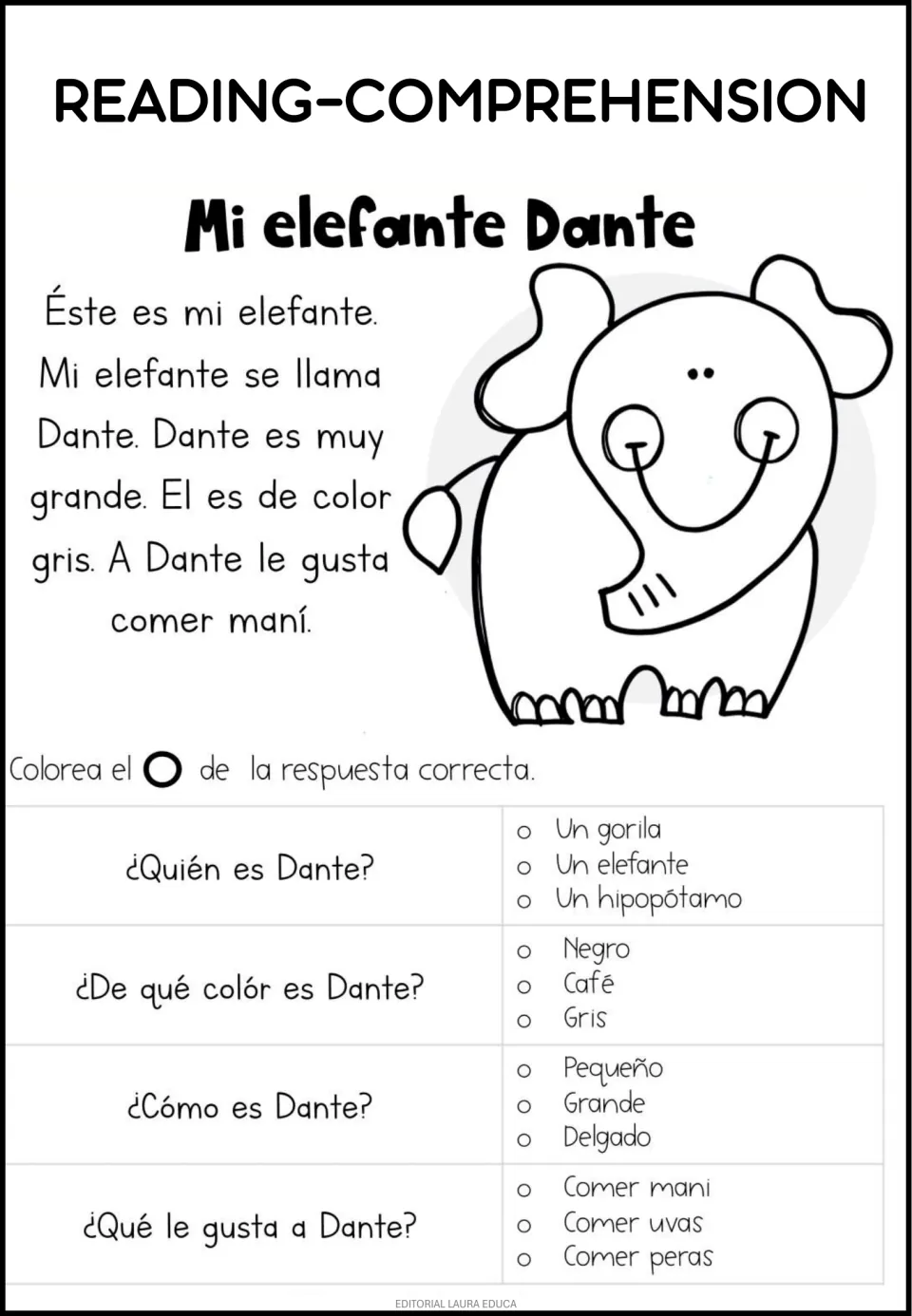 Spanish reading passage 'Mi elefante Dante' (My elephant Dante) with four questions about the elephant