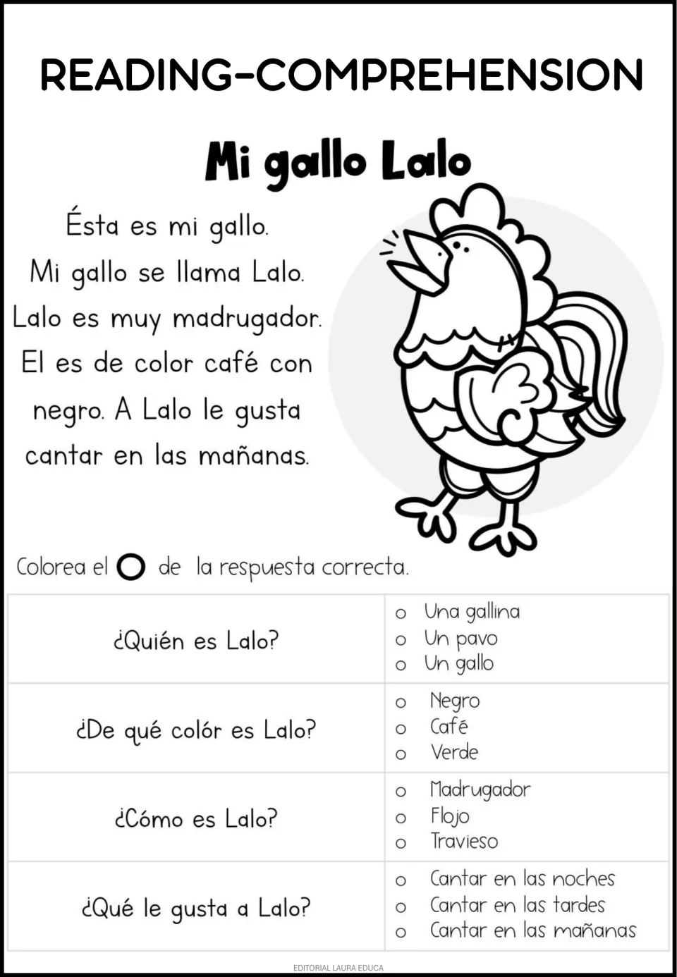 Spanish reading passage 'Mi gallo Lalo' (My rooster Lalo) with four questions about the rooster