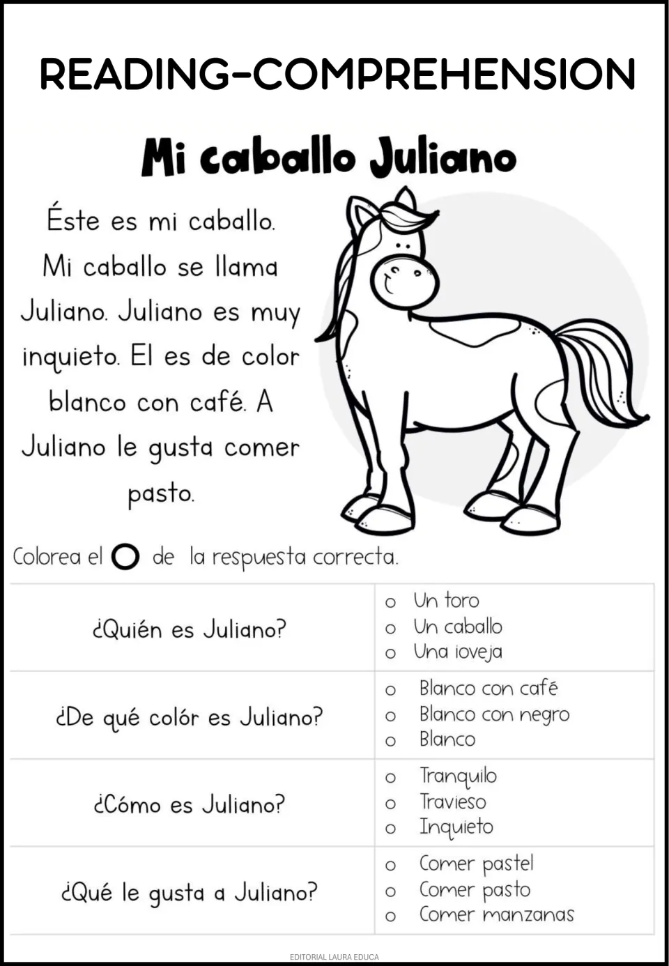 Spanish reading passage 'Mi caballo Juliano' (My horse Juliano) with four questions about the horse