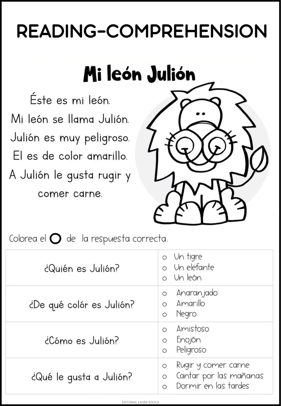 Spanish reading passage 'Mi león Julión' (My lion Julión) with four questions about the lion
