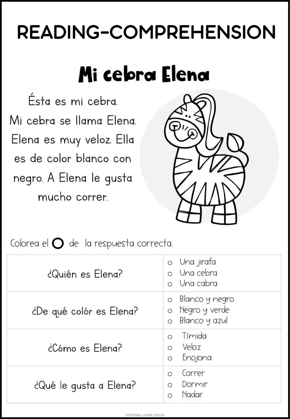 Spanish reading passage 'Mi cebra Elena' (My zebra Elena) with four questions about the zebra