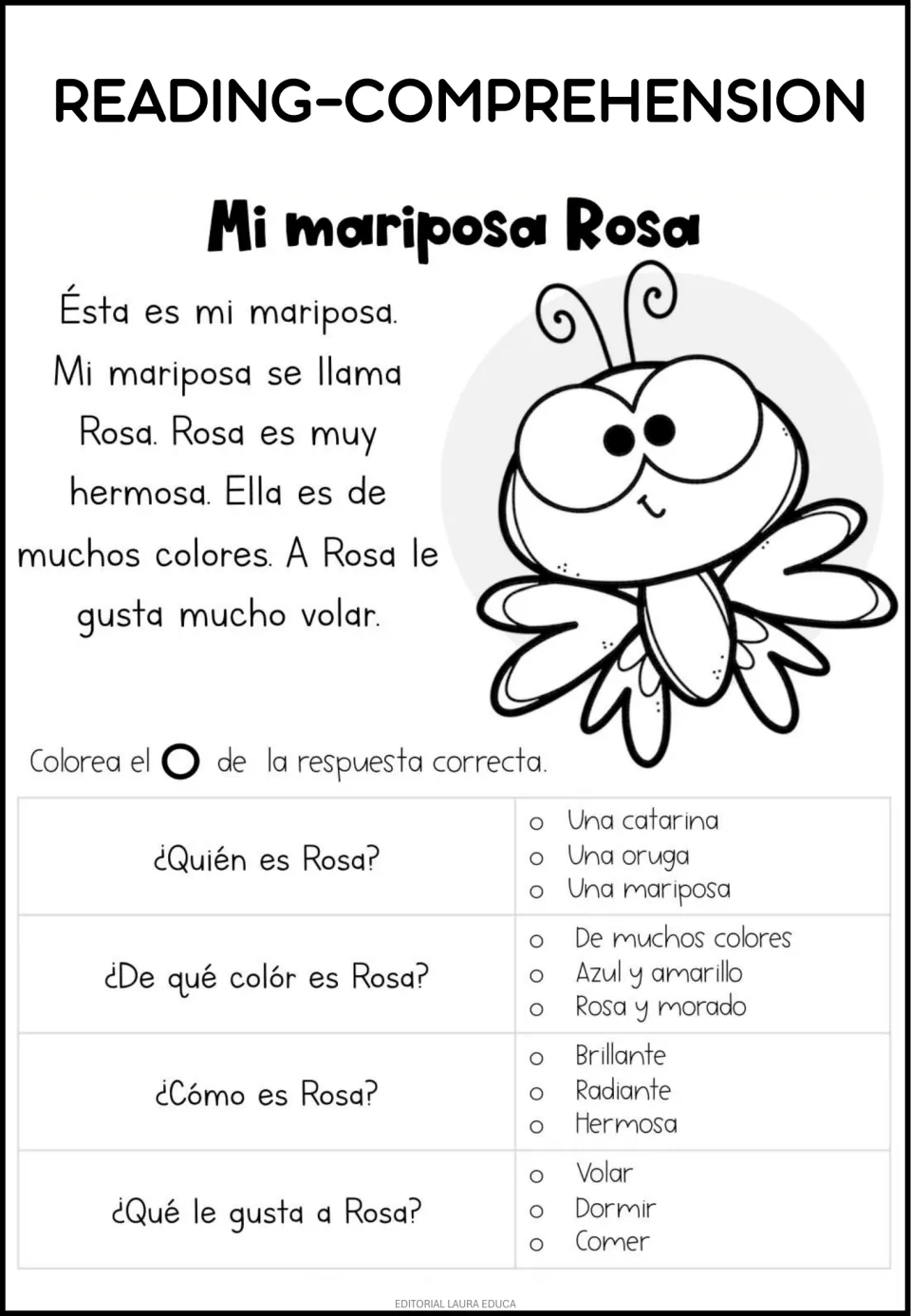 Spanish reading passage 'Mi mariposa Rosa' (My butterfly Rosa) with four questions about the butterfly