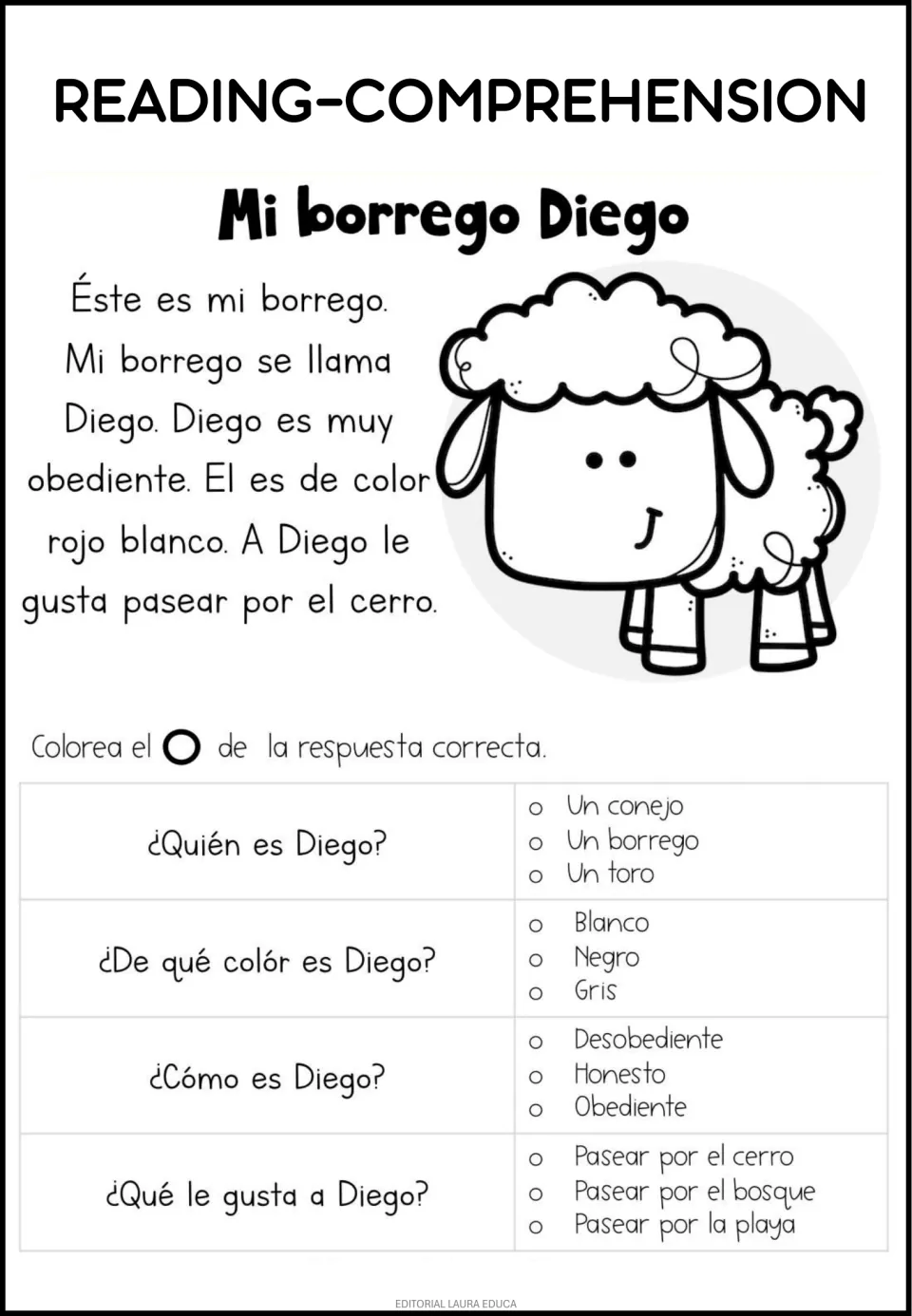 Spanish reading passage 'Mi borrego Diego' (My sheep Diego) with four questions about the sheep