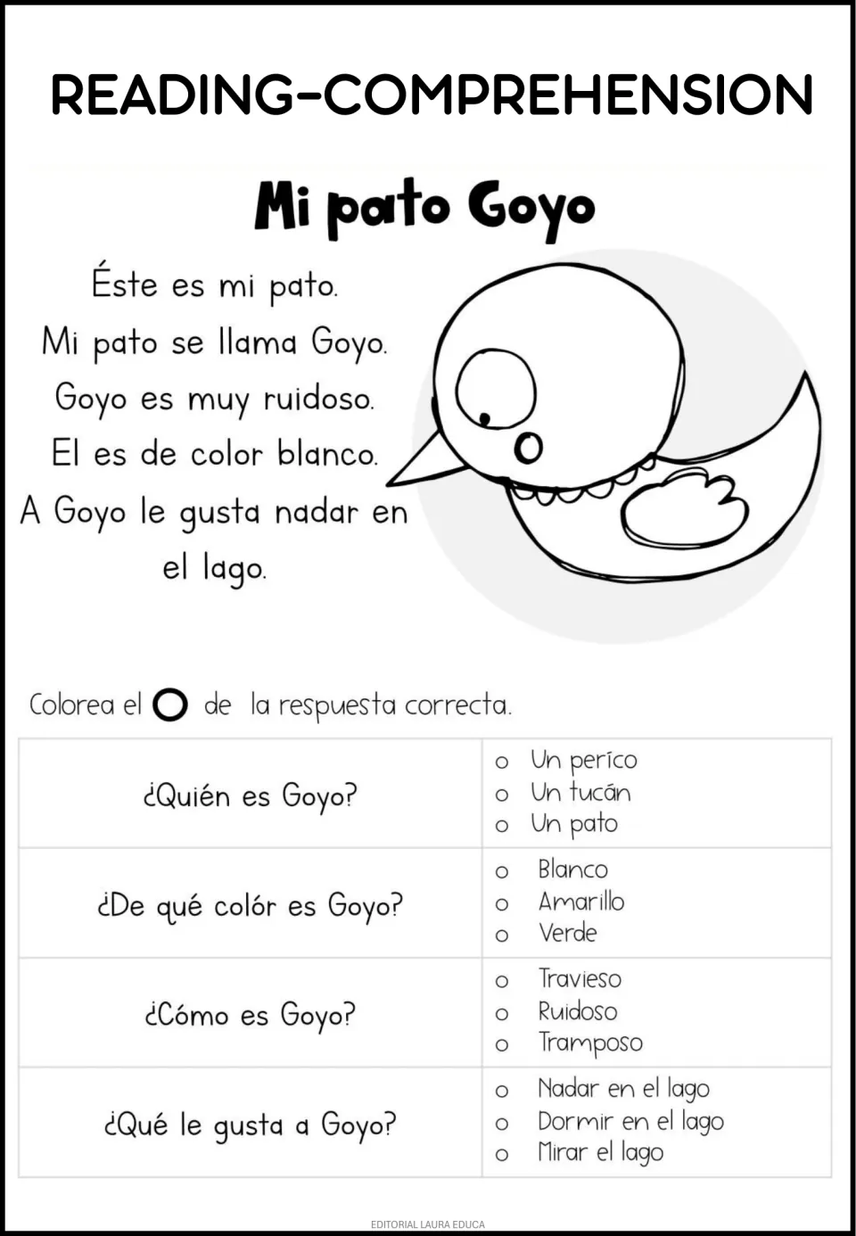 Spanish reading passage 'Mi pato Goyo' (My duck Goyo) with four questions about the duck