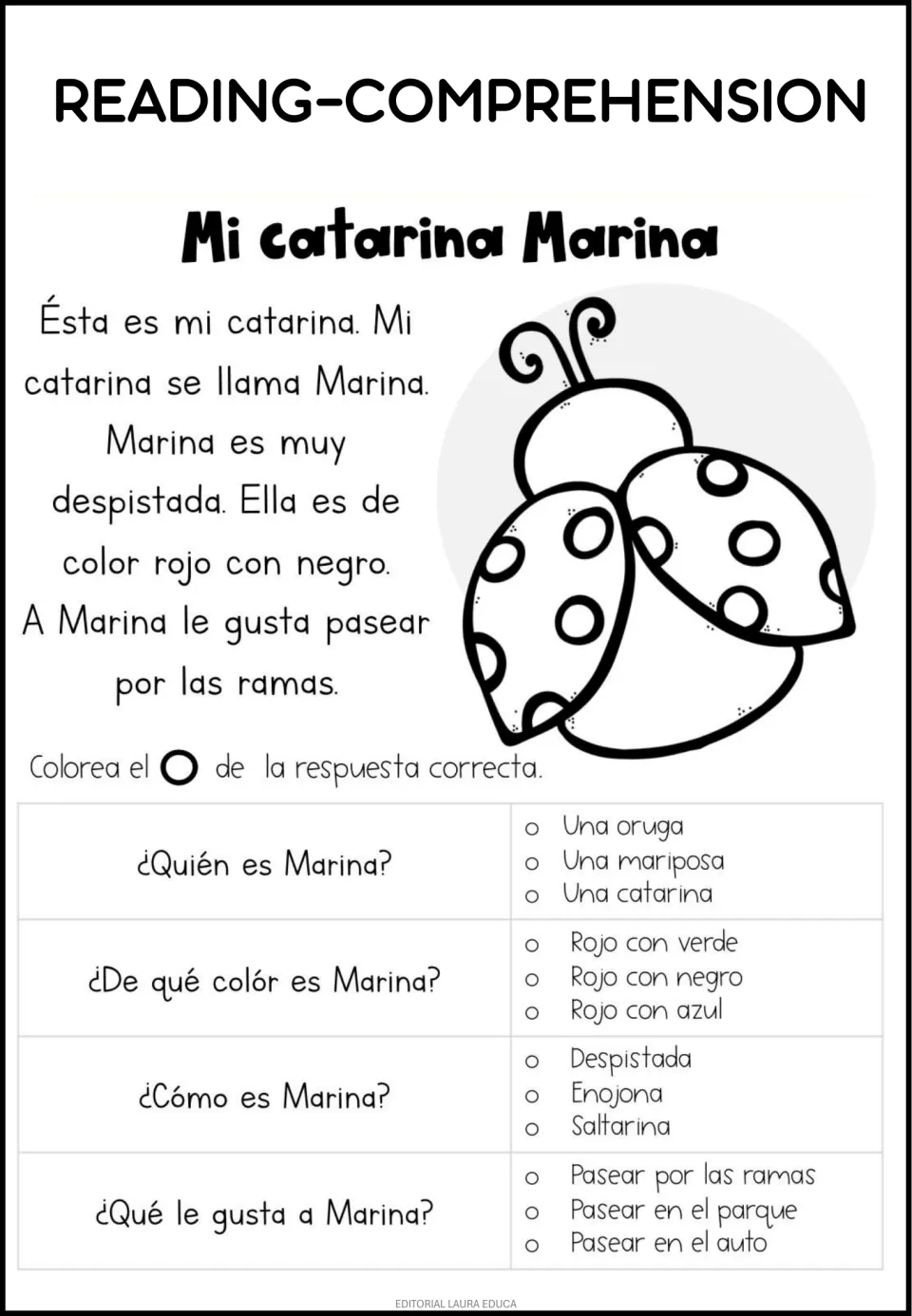 Spanish reading passage 'Mi catarina Marina' (My ladybug Marina) with four questions about the ladybug