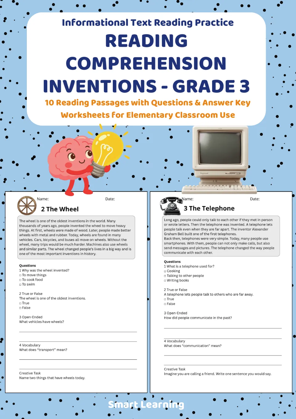 Cover of the Grade 3 inventions reading packet advertising 10 passages, questions, and an answer key
