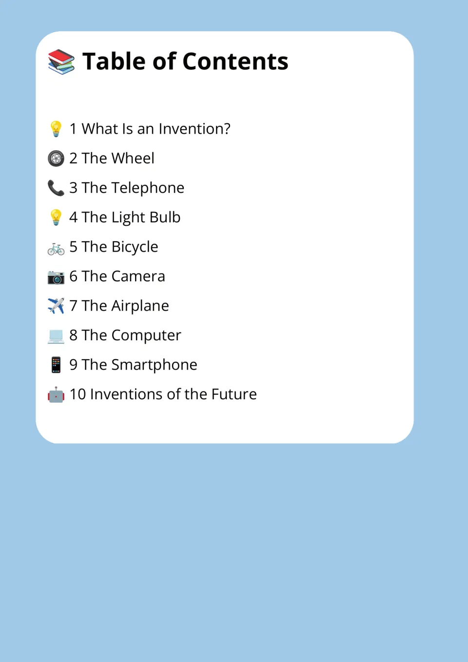 Table of contents listing 10 readings, from What Is an Invention? to the wheel and Inventions of the Future
