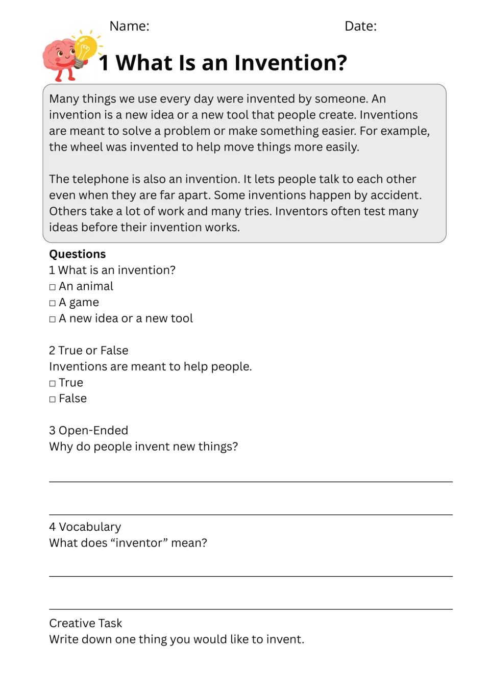 Reading 1, What Is an Invention?, explains problem-solving tools and asks students what they would invent