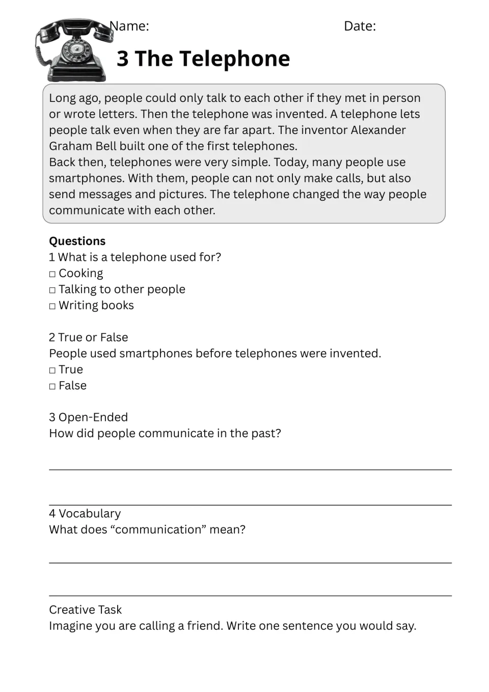 Reading 3, The Telephone, explains communication changes and asks students to write a sentence for a call