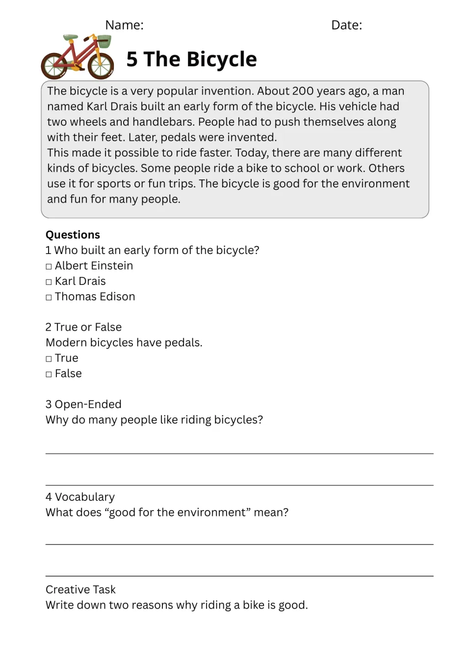 Reading 5, The Bicycle, introduces Karl Drais and pedals, then asks about cycling and the environment