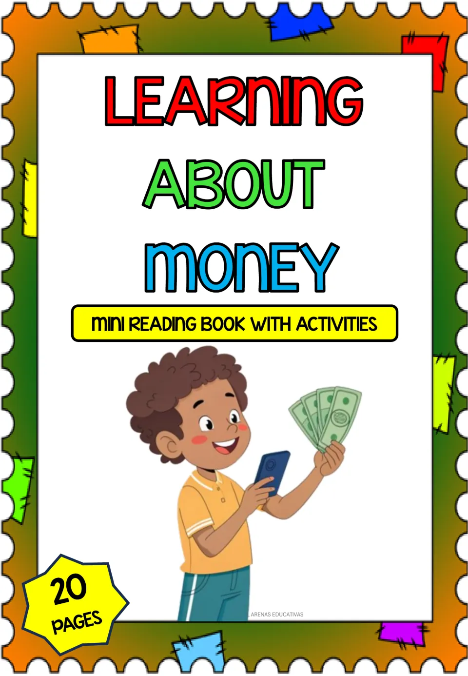 Learning About Money title page identifies the resource as a mini reading book with activities and 20 pages