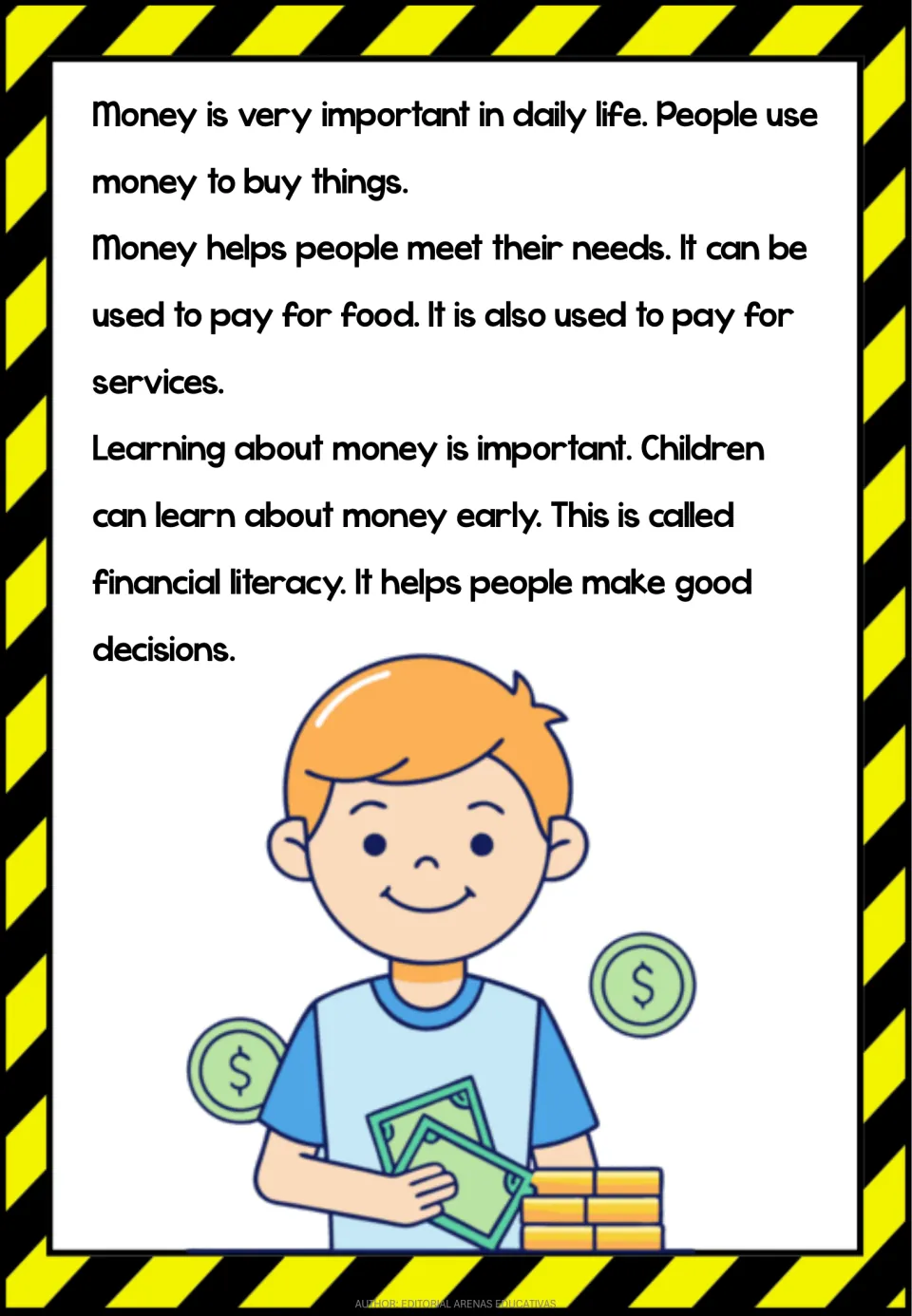 Opening reading page explains using money for food and services and introduces financial literacy