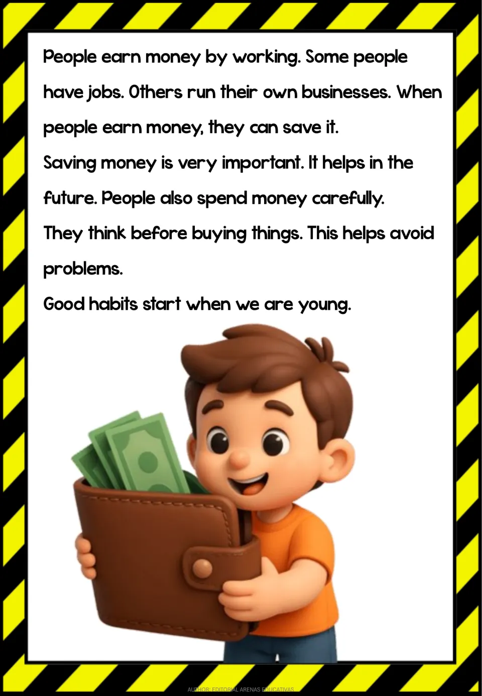 Second reading page explains earning money through jobs or businesses, saving, and spending carefully