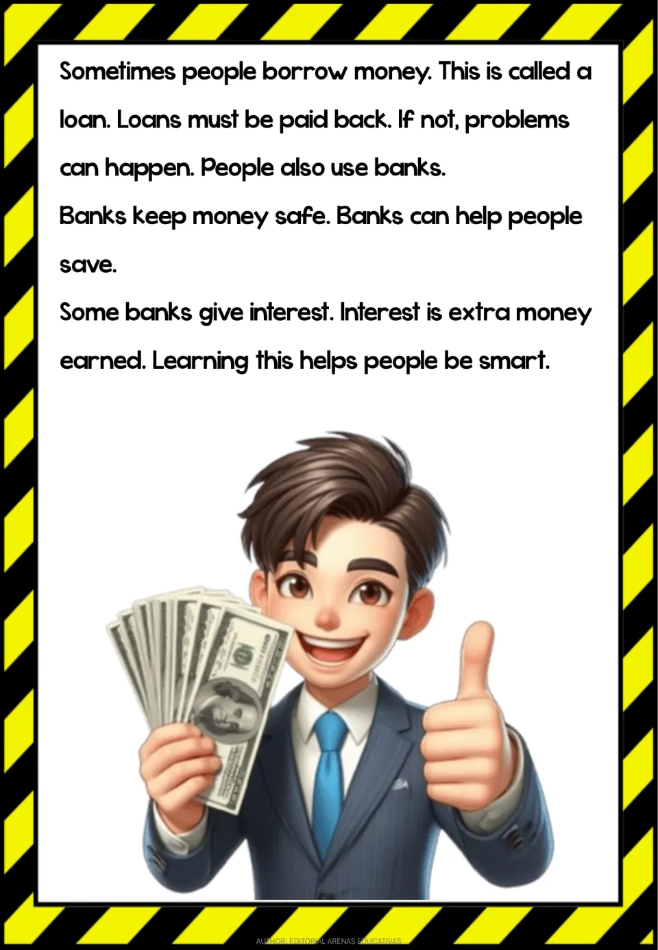Third reading page introduces loans, paying borrowed money back, banks, and interest earned on savings