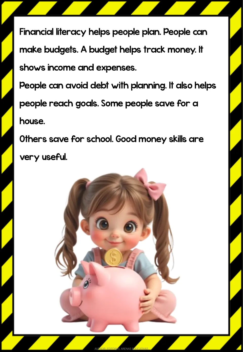 Fourth reading page explains budgets, income and expenses, avoiding debt, and saving for a house or school
