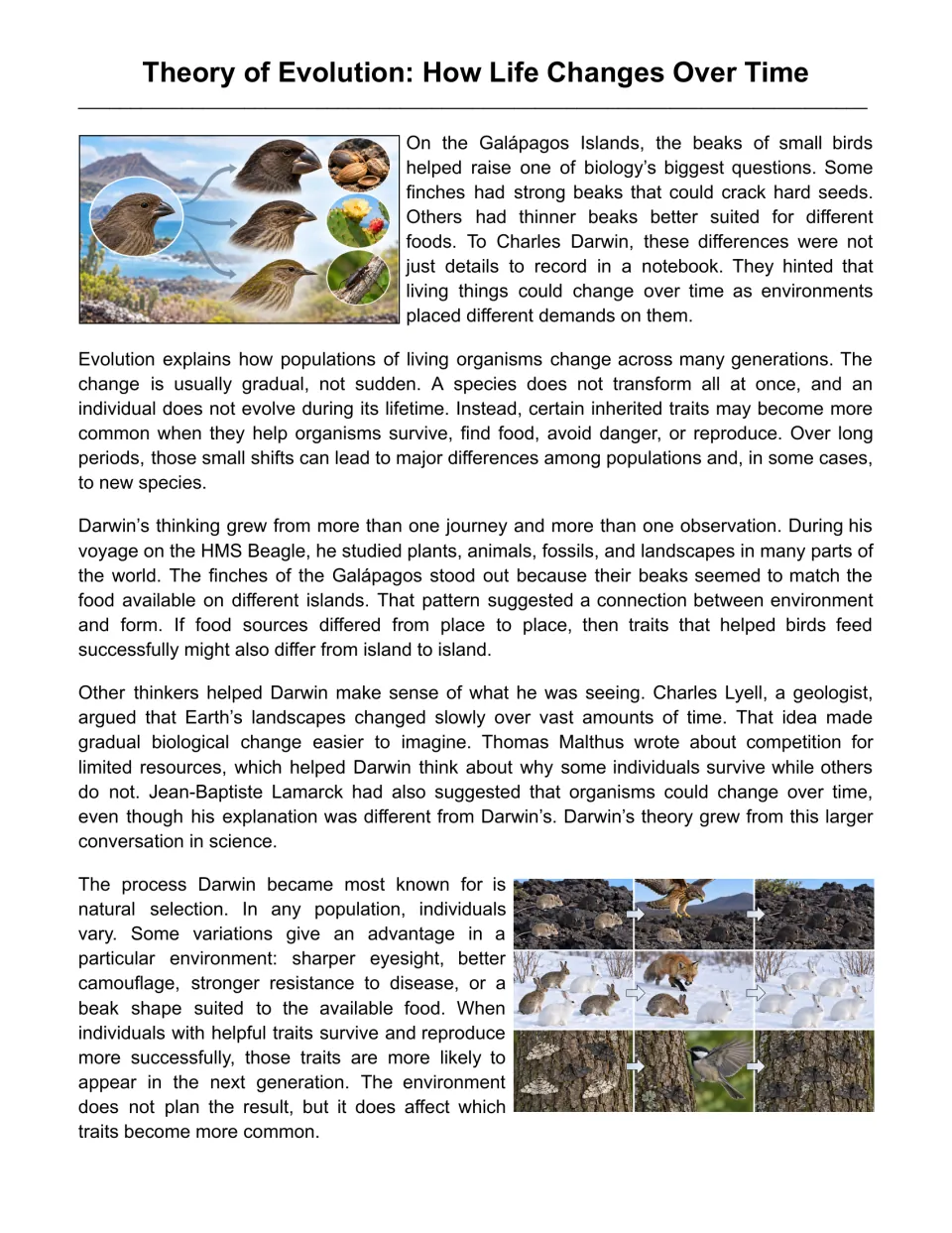 Theory of Evolution reading passage: students read about Darwin's finches, natural selection and example photos
