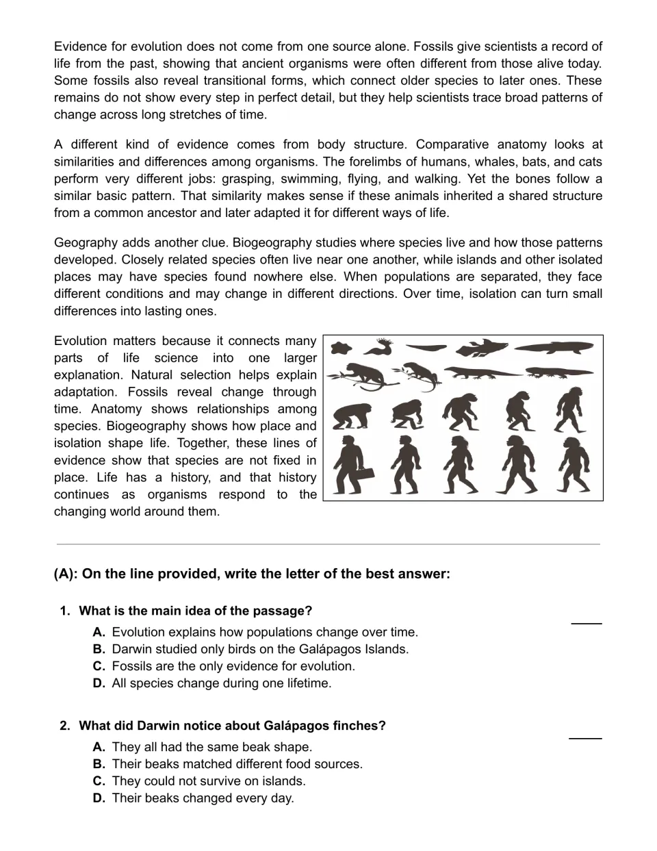Evolution evidence passage on fossils, anatomy and biogeography, then multiple choice questions 1 and 2 to answer