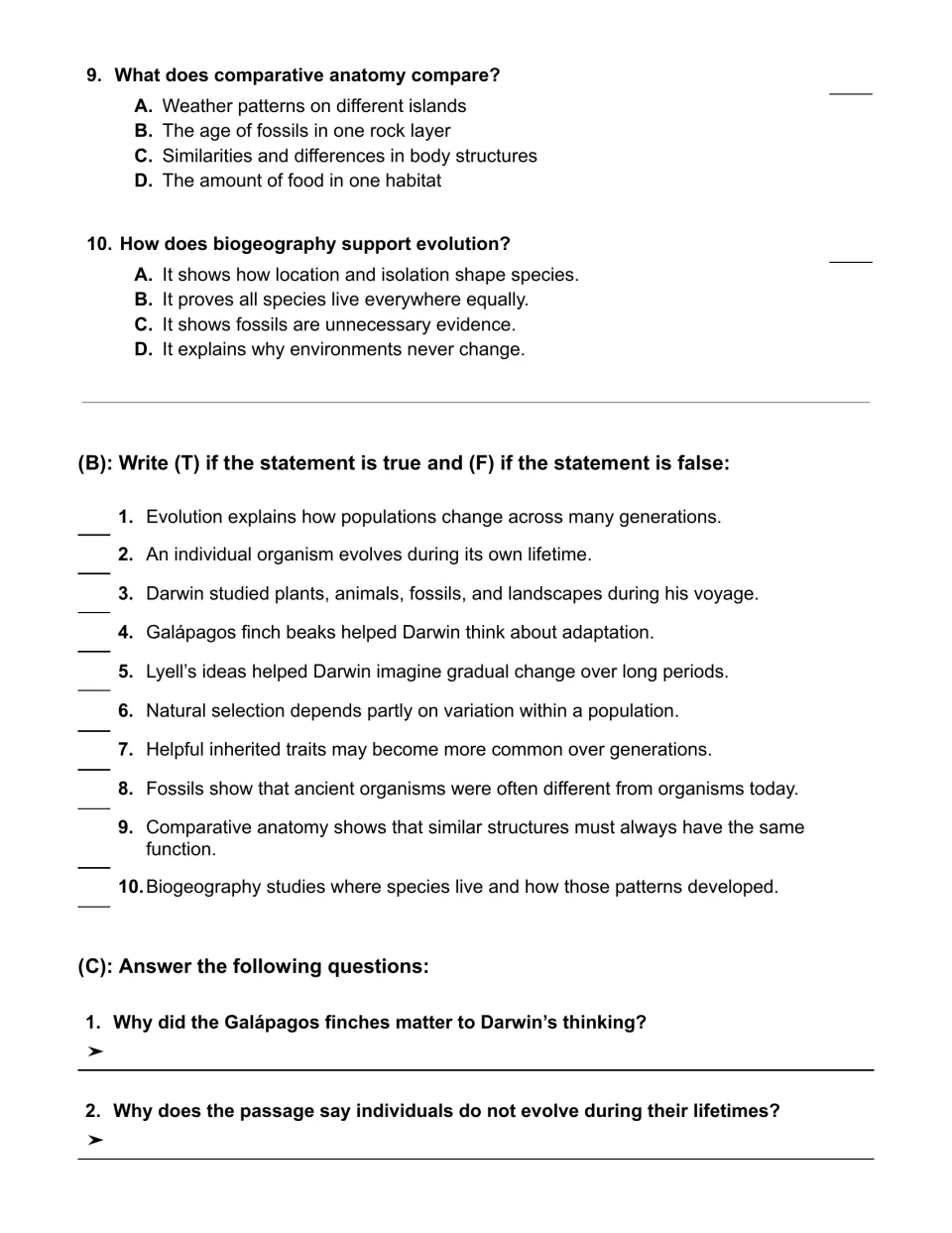 Multiple choice questions 9 and 10, then true or false statements and short written answers on Darwin and finches