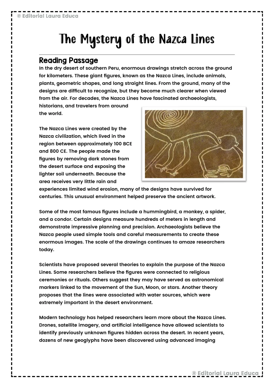Nazca Lines reading passage introduces the desert drawings, their creation, purpose theories, and modern research.
