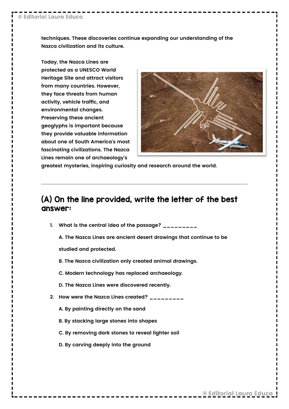 Nazca Lines passage concludes with preservation threats, followed by questions on its central idea and creation.
