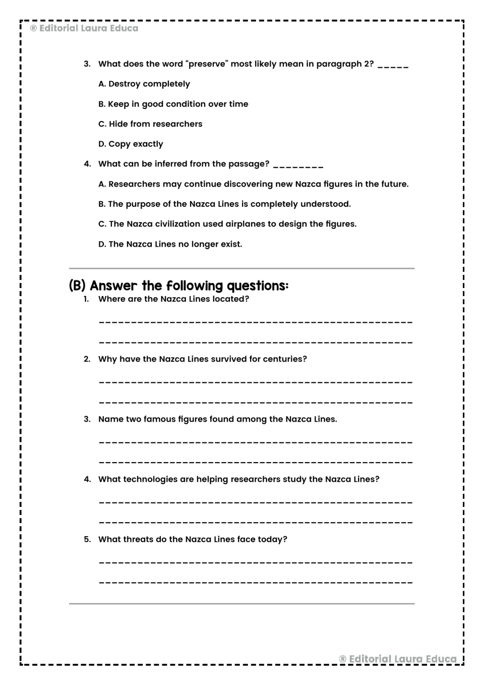 Nazca Lines questions cover vocabulary, inference, location, preservation, animal figures, technology, and threats.