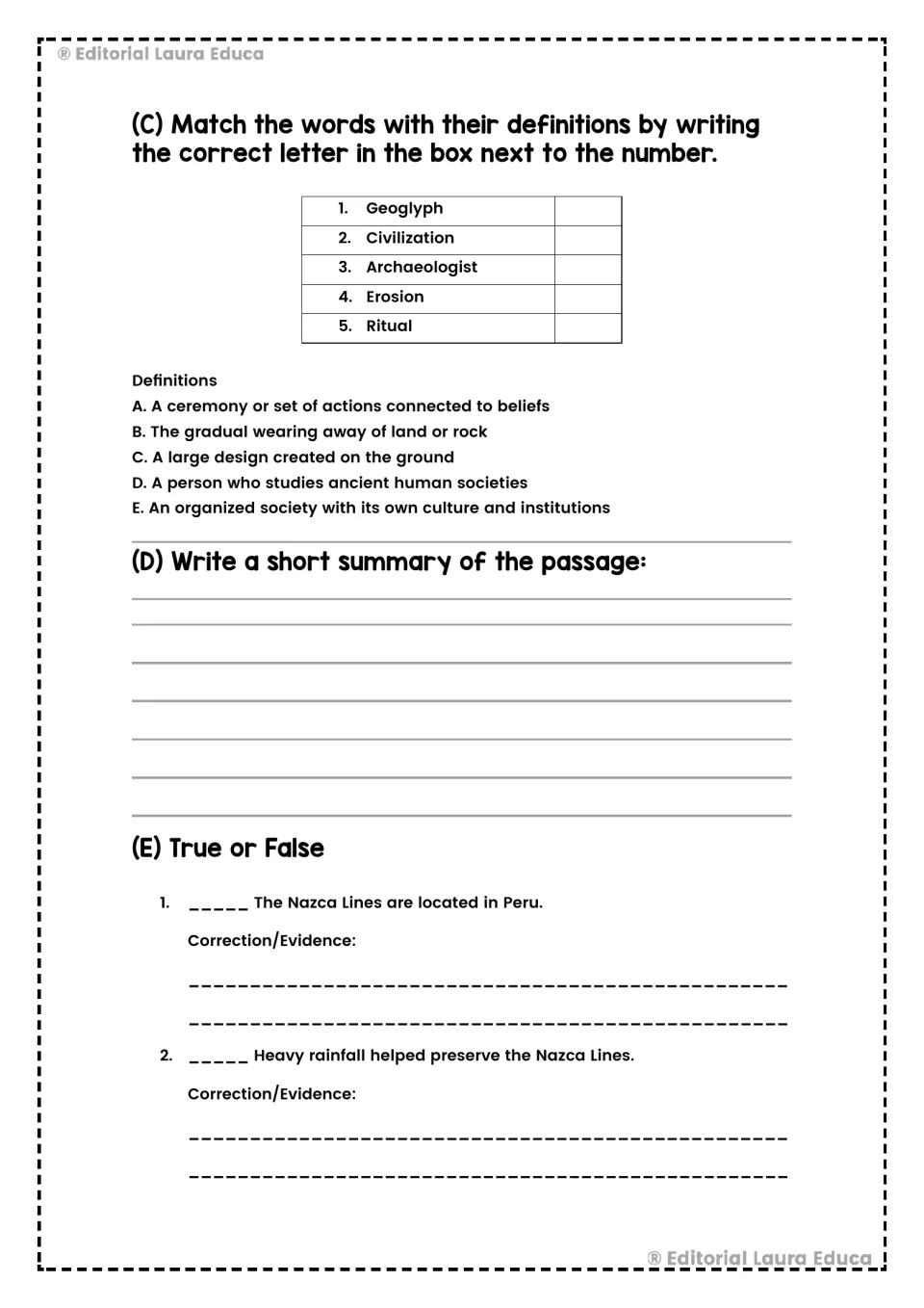 Nazca Lines activities include five vocabulary matches, a passage summary, and two true-or-false statements.